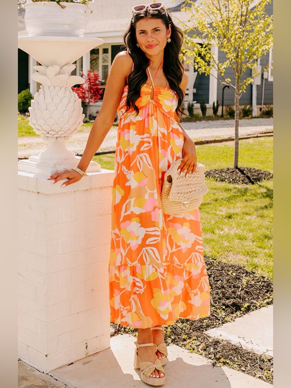 BE COOL Orange Floral Halter Maxi Dress with Pink & Cream Accents